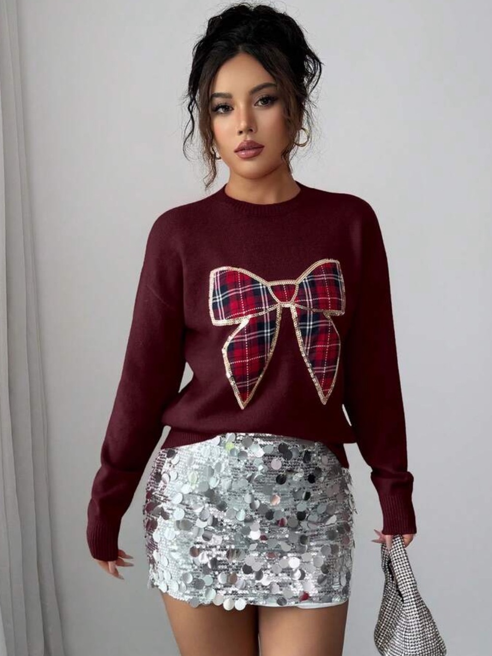 Elenzga Women's Christmas Bow Sequin Plaid Pullover Sweater, Casual Red Knit